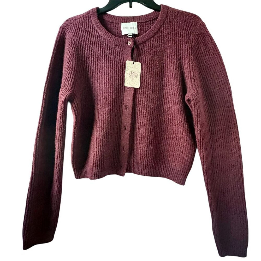 Pink Rose Cropped Button up Cardigan Sweater size M - Port Wine color